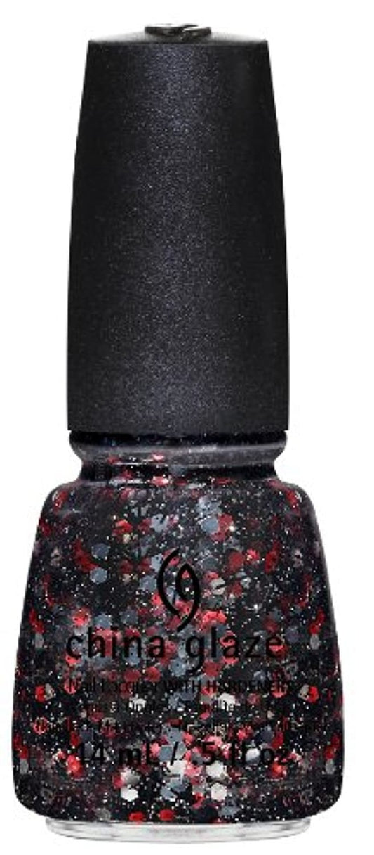 China Glaze nail polish bottle with multi-colored hexagon glitter in a black translucent base, and a black cap.