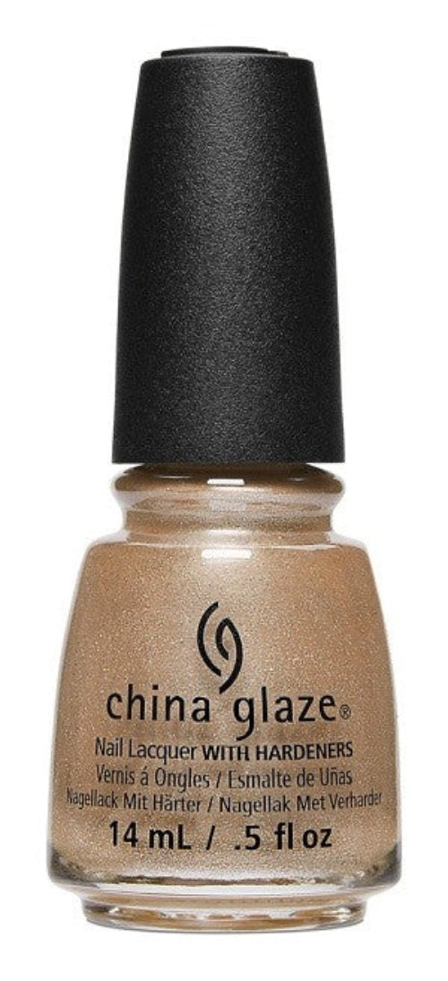 A bottle of China Glaze nail polish in a champagne nude shimmer color, with a black cap.