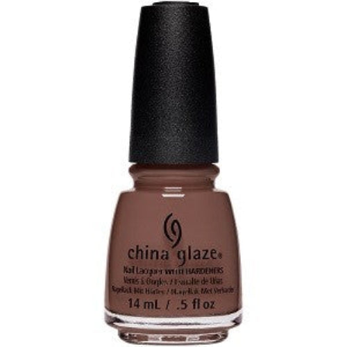 A bottle of China Glaze nail lacquer in a medium brown shade, with a black cap, shown against a plain white background.
