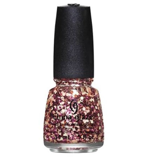 A bottle of Anna Glaze glitter nail polish with multi-color dense pink, gold, and rose gold glitter, with a black cap, on a white background.