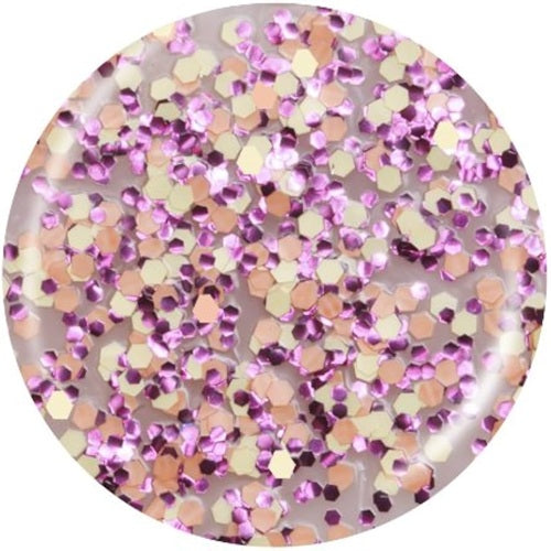 Nail polish swatch with metallic pink, lavender purple, and pale gold hexagonal glitter,  on a white background.