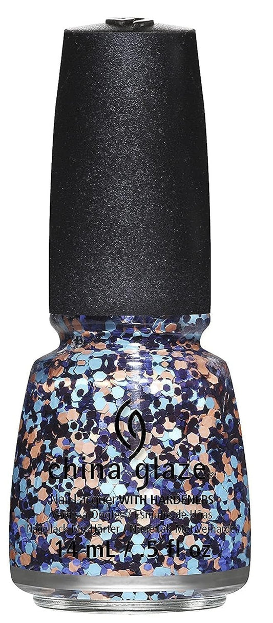 A bottle of China Glaze nail polish with multi-color hexagon glitter of blue, purple, pink, and gold, with a black cap.