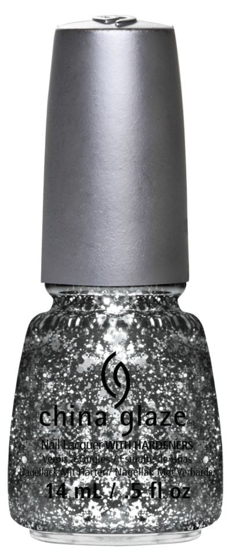 A bottle of China Glaze nail polish with a metallic silver cap and a glittery silver and black nail polish inside, shown on a plain white background.
