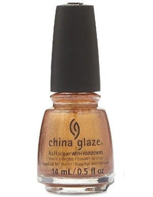 A bottle of China Glaze nail polish in a brassy gold color with a holographic micro-flake design and a fine golden shimmer.