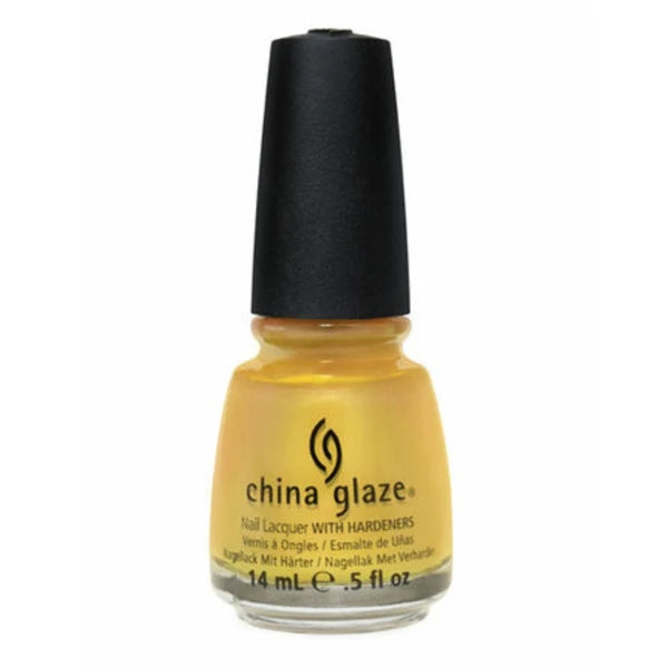 China Glaze golden yellow shimmer nail polish bottle with black cap.