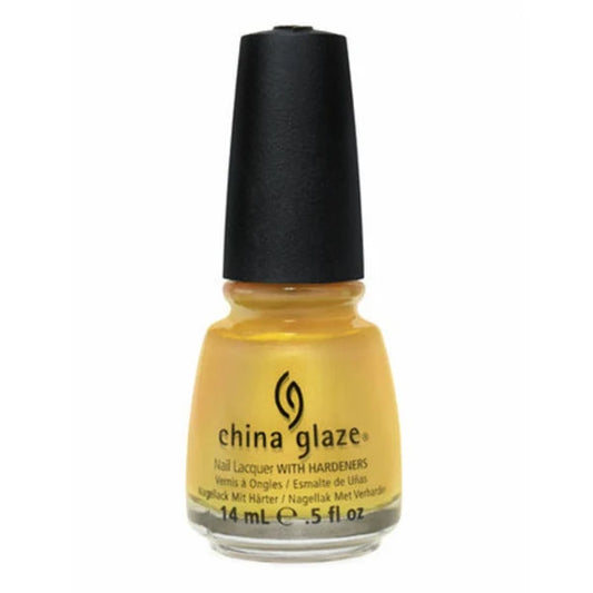 China Glaze golden yellow shimmer nail polish bottle with black cap.