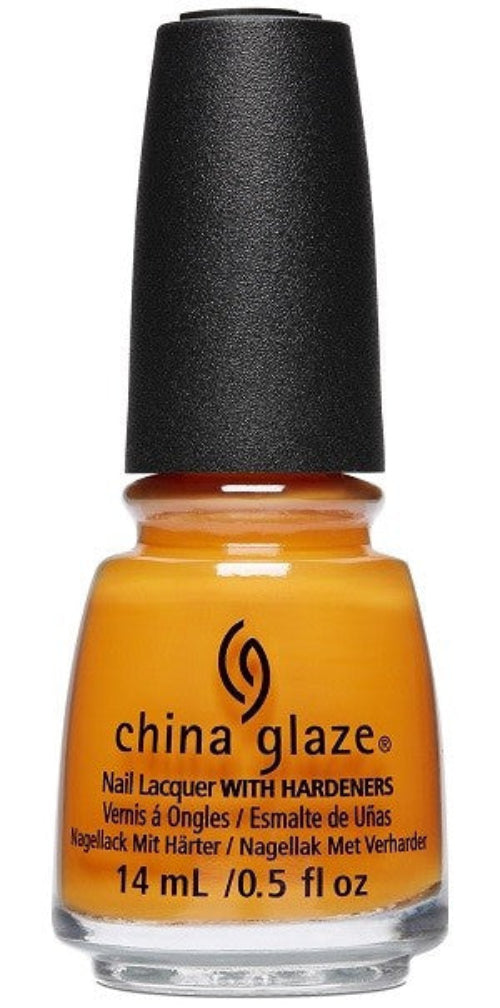 A bottle of China Glaze nail polish in a marigold/mango orange creme color, with a black cap.