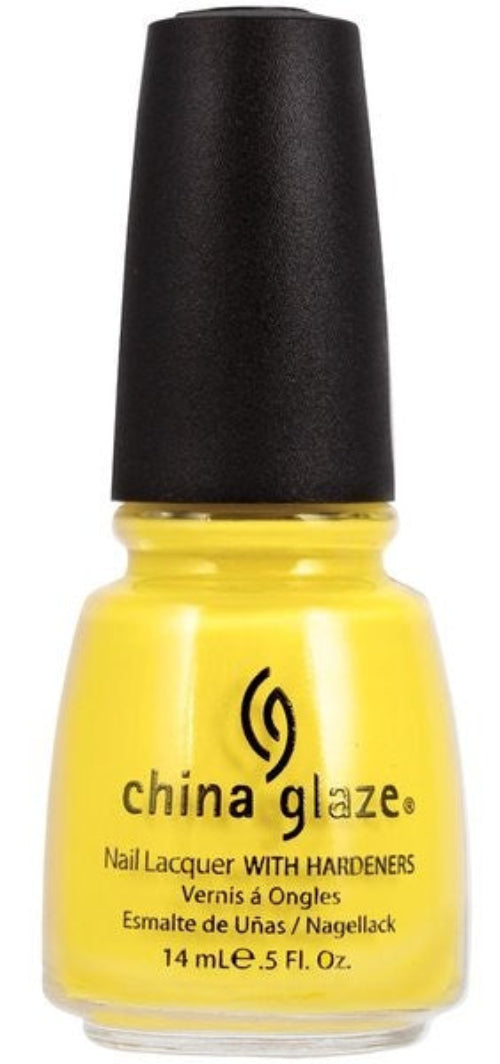 A bottle of China Glaze nail polish in a bright yellow color, with black cap.