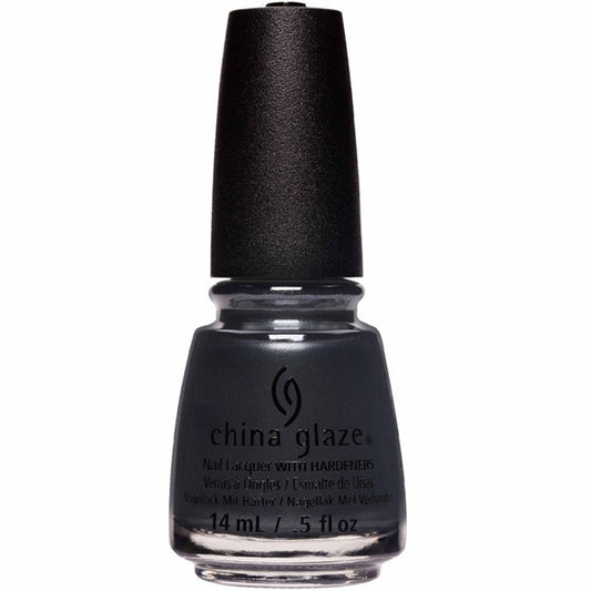 A bottle of China Glaze nail polish in a  charcoal gray color with black cap.