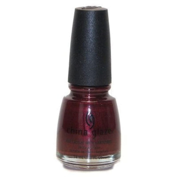 A bottle of China Glaze nail polish in a deep, shimmery burgundy red shade, featuring a black cap, on a plain white background.