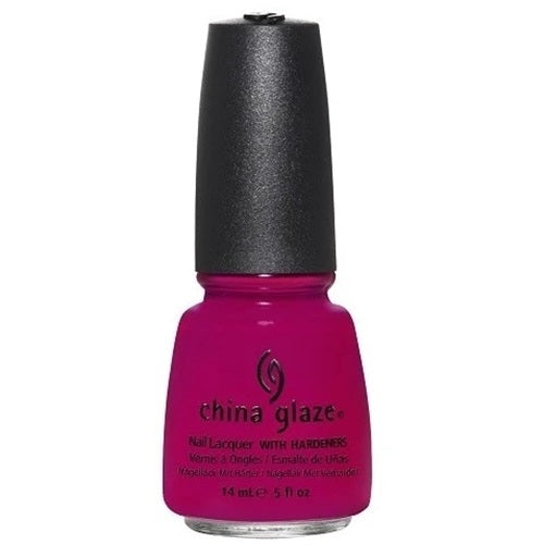 A bottle of China Glaze nail lacquer in a vibrant magenta pink shade, featuring a black cap, shown against a plain white background.