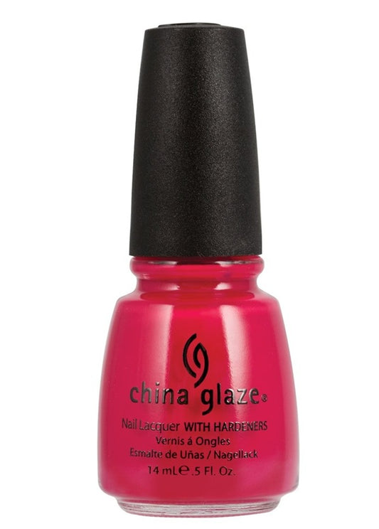 A bottle of China Glaze nail lacquer with hardeners in a raspberry pink shade, featuring a black cap on a white background.