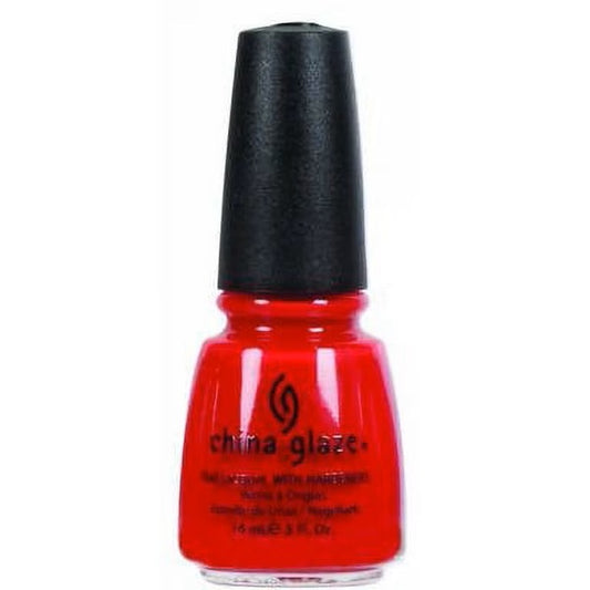 China Glaze bright red nail polish bottle with black cap.