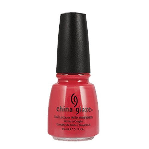 China Glaze coral red nail polish bottle with black cap.