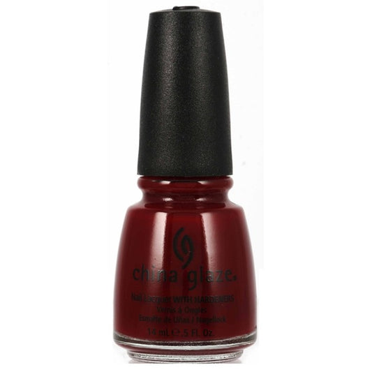 China Glaze deep red nail polish bottle with black cap.