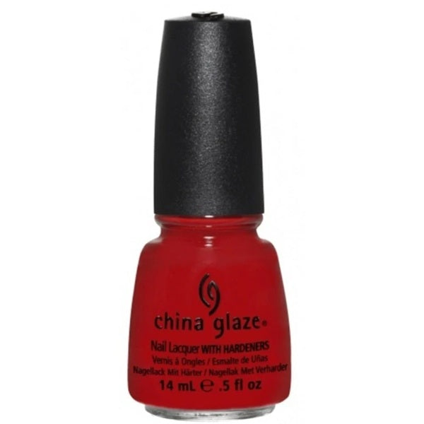 China Glaze red nail polish bottle with black cap.