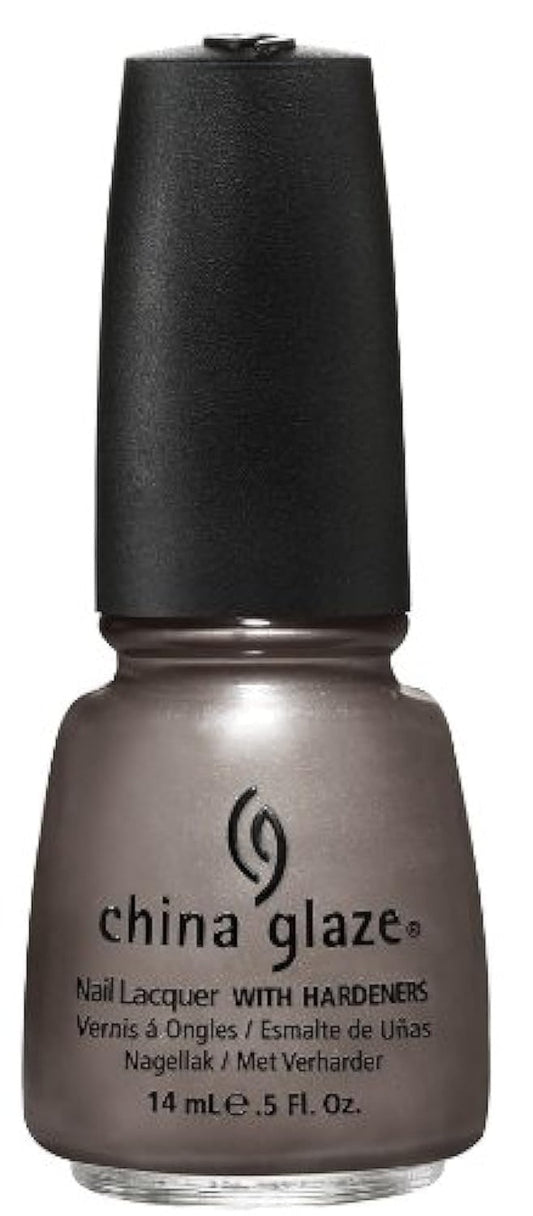 China Glaze gray shimmer nail polish bottle with black cap.
