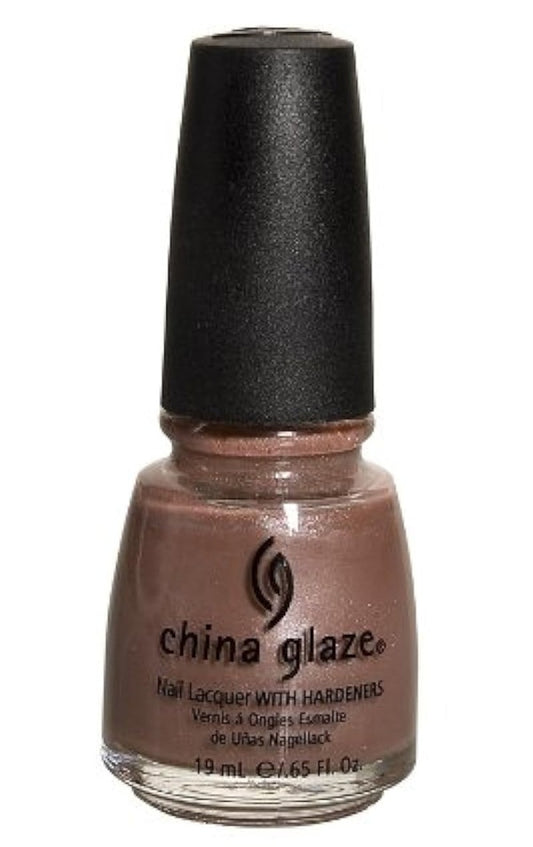 China Glaze light brown nail polish bottle with black cap.