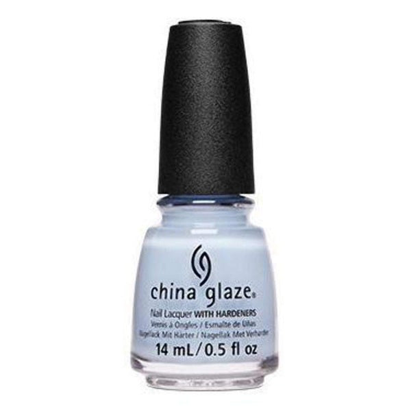 China Glaze light blue nail polish bottle with black cap.