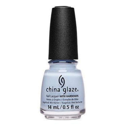 China Glaze light blue nail polish bottle with black cap.