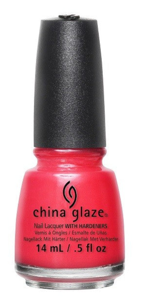 China Glaze pink red nail polish bottle with black cap.