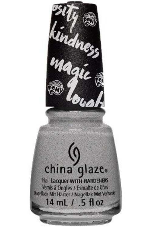 A bottle of China Glaze Nail Polish in a silver holographic shimmer color with a black decorative cap.