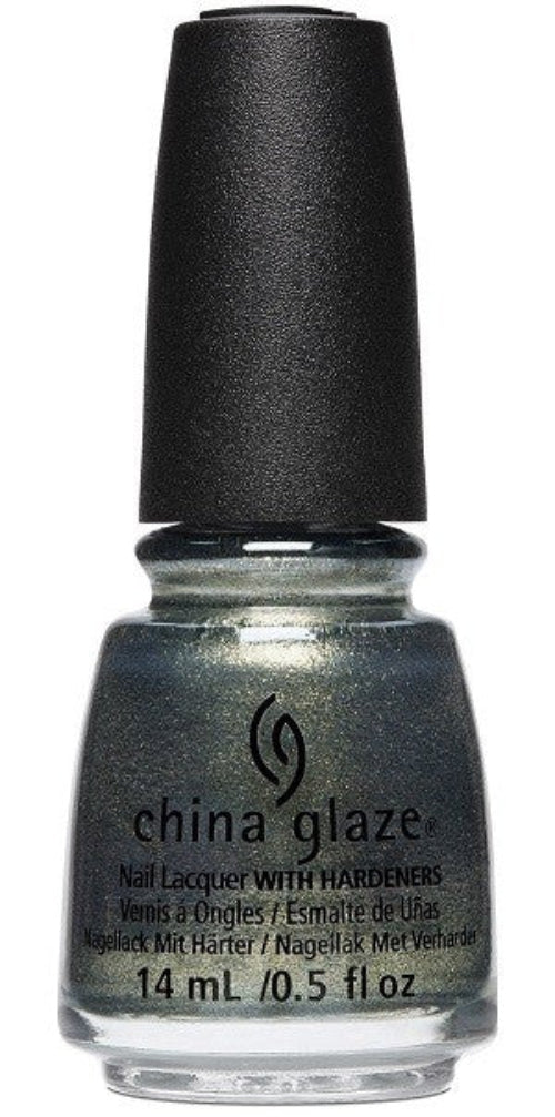 China Glaze Deep metallic gunmetal green shimmer nail polish with black cap.