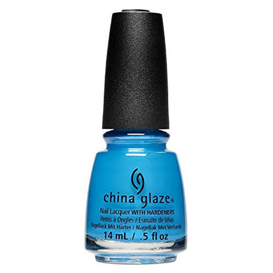 A bottle of China Glaze nail lacquer in a bright medium blue shade, featuring a black cap, shown against a plain white background.