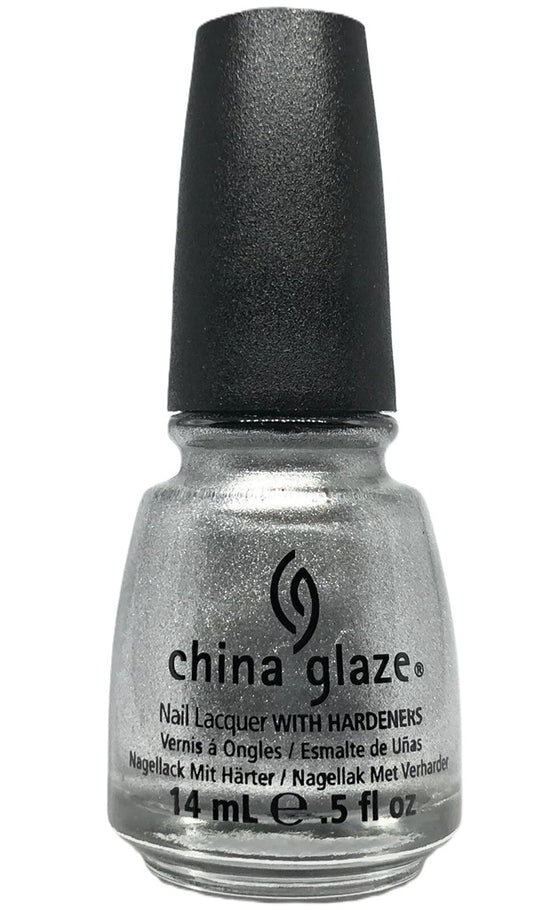 China Glaze metallic silver shimmer nail polish bottle with black cap.