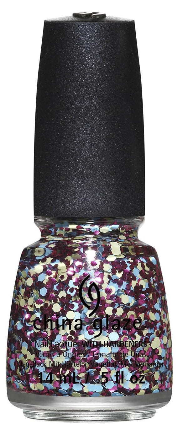Chiba Glaze nail polish in a glitter shade of purple, pink, blue, and gold, with a black cap, shown on a white background.