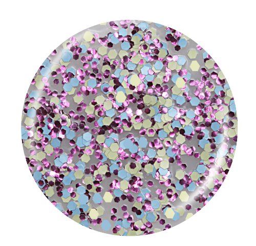 A circular close-up of iridescent hexagonal glitter nail polish swatch on a white background, showing reflective pink, purple, blue, and pale yellow tones.