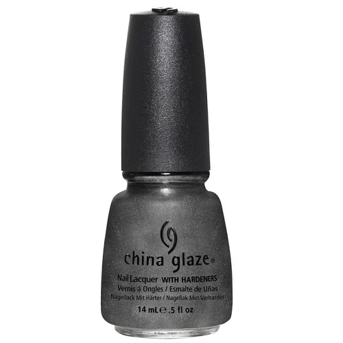 A bottle of China Glaze nail lacquer in a gray color, with a black cap, on a plain white background.