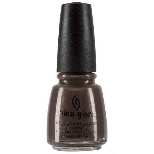 A bottle of China Glaze nail polish in a  taupe brown shade with a black cap, shown against a plain white background.