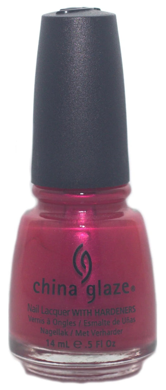 A bottle of China Glaze nail lacquer with hardeners in a shimmering metallic pink shade, featuring a black cap on a white background.