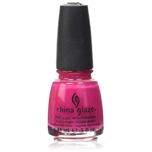 A bottle of China Glaze nail polish in a bright magenta pink shade, featuring a black cap on a white background.
