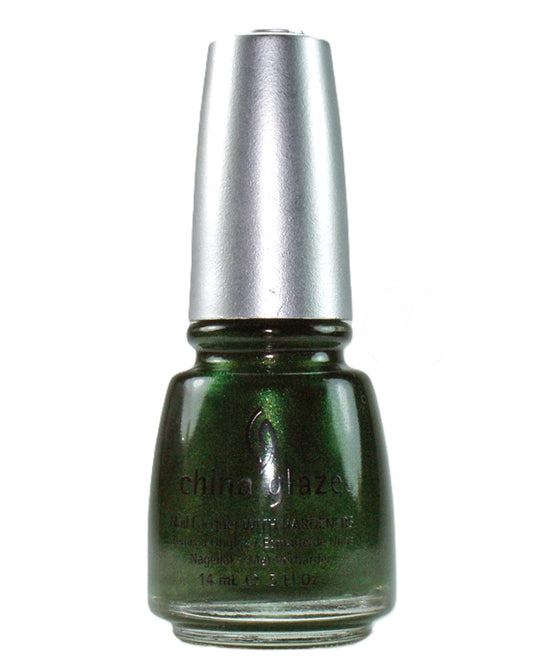 A bottle of China Glaze nail polish in a  dark green shade with a silver cap, shown against a plain white background.
