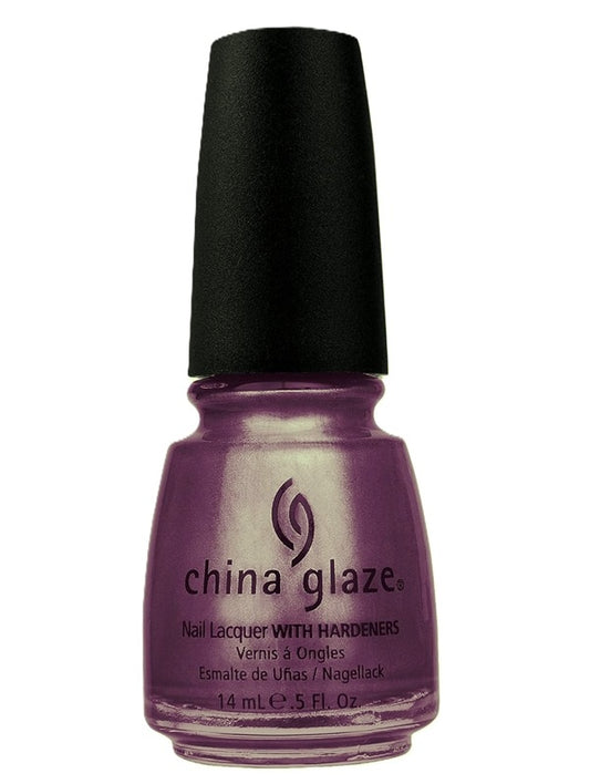 A bottle of China Glaze nail lacquer in a metallic deep plum shade with a black cap, shown against a plain white background.