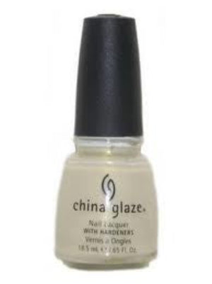 A bottle of China Glaze nail polish in a semi-sheer white color with a subtle gold shimmer, labeled as 'Just Lovely'. The bottle cap is black and the brand logo is visible.