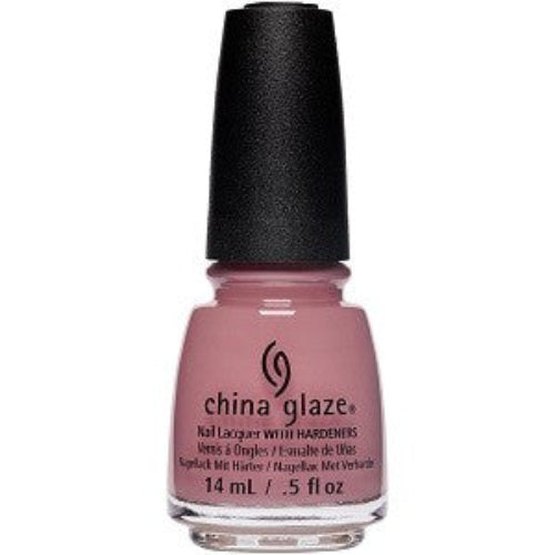 A bottle of China Glaze nail polish in a soft mauve nude creme color, with the brand's logo and product information on the label.