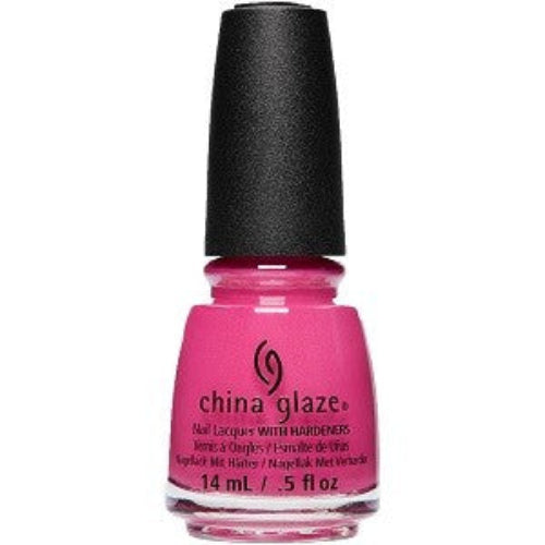 A bottle of China Glaze nail polish in a bright fuchsia pink color, with a black cap.