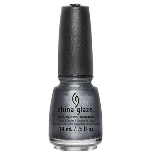 A bottle of China Glaze nail polish in a metallic silver-gray shade, featuring a black cap on a white background.