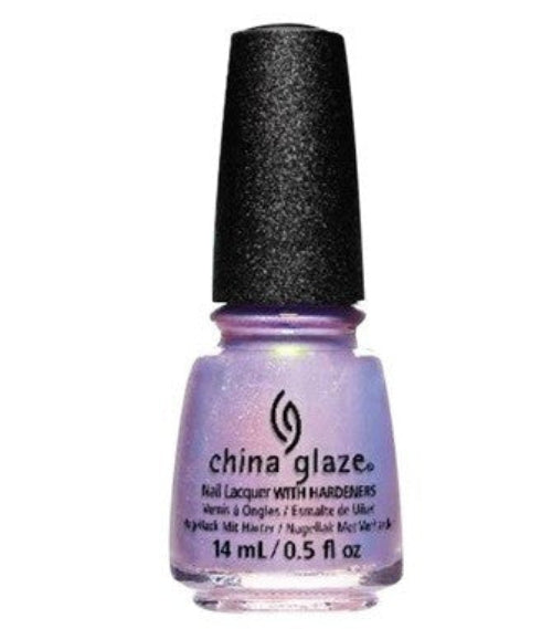 A bottle of China Glaze nail polish in a lavender color with a black cap.