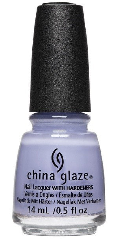 A bottle of China Glaze nail polish in a violet lavender color with a black cap.