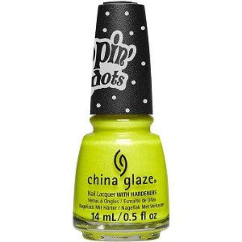 A bottle of China Glaze nail polish in a neon highlighter yellow color with a decorated black cap.
