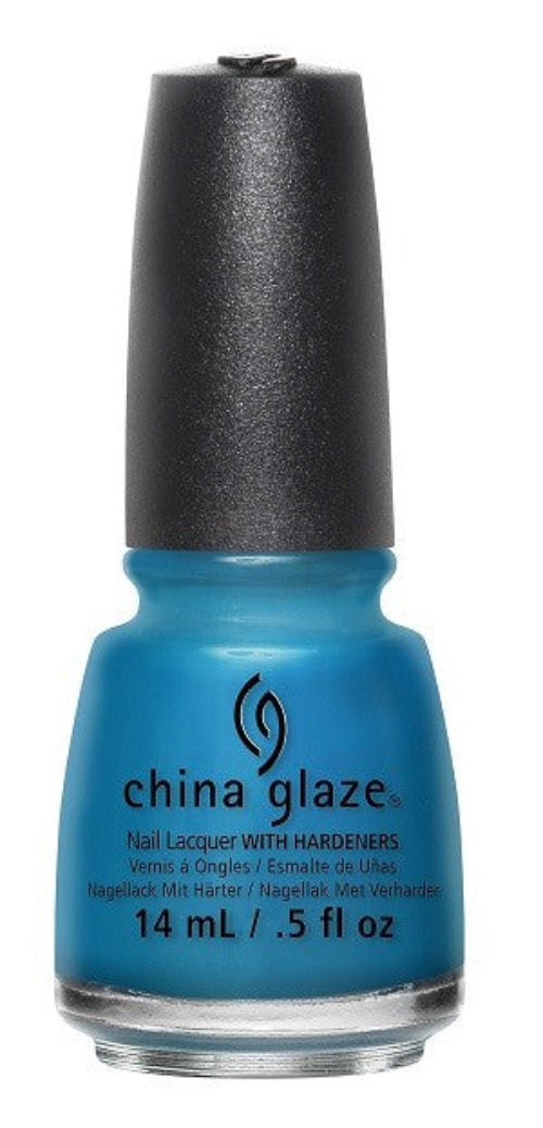 A bottle of China Glaze nail polish in a marine blue creme color, with a black cap.