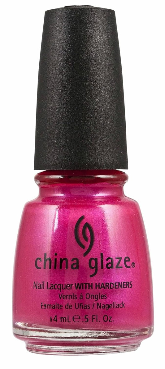 China Glaze bright fuchsia pink shimmer nail polish bottle with black cap.