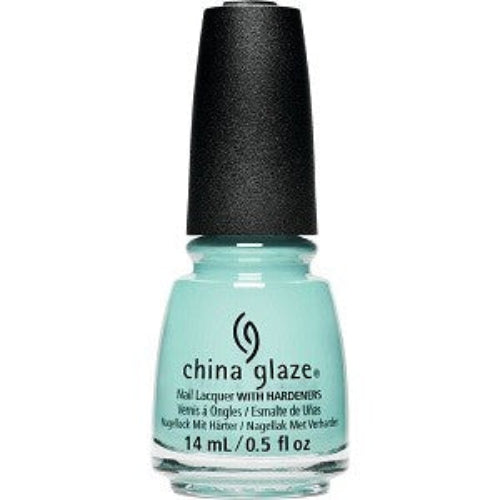 A bottle of China Glaze nail polish in a pastel mint creme color, with black cap.