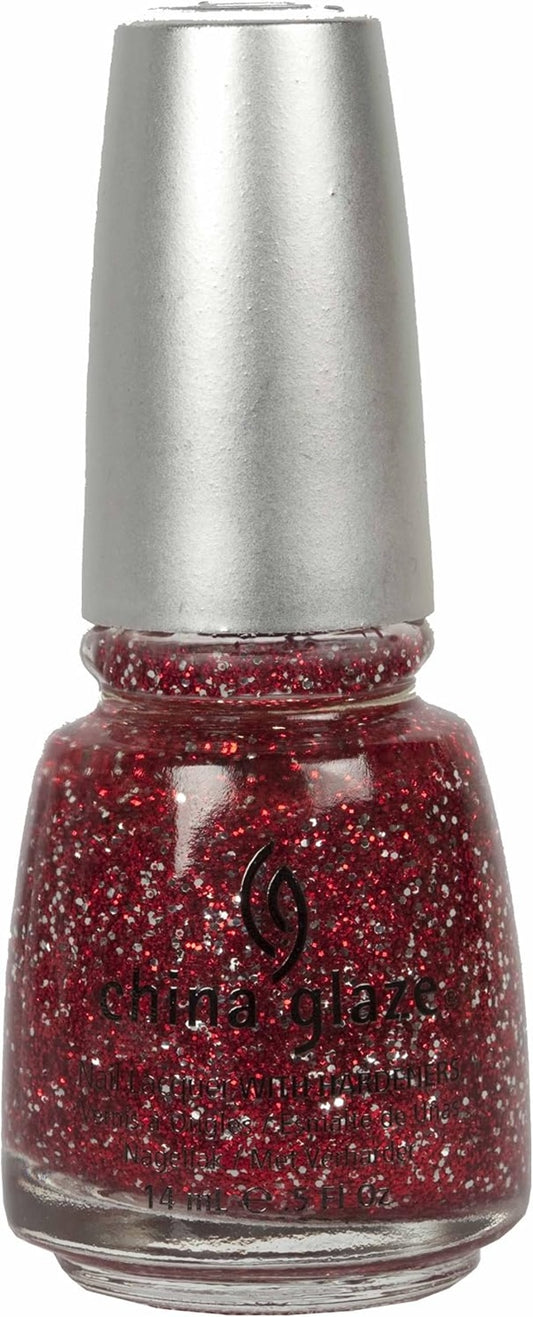 China Glaze red and silver glitter nail polish bottle with silver cap.