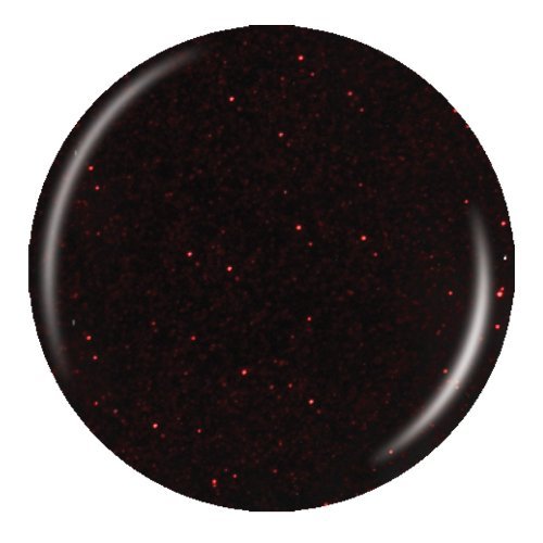 Black nail polish swatch with red glitter. 