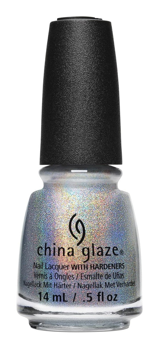 China Glaze silvery blue holographic shimmer nail polish bottle with black cap.